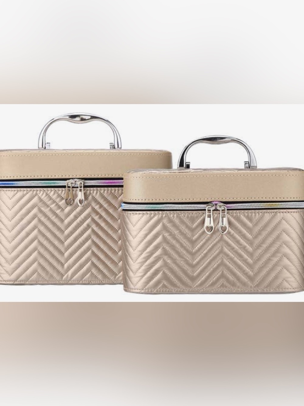Beige Quilted Vanity Cosmetic Case with Silver Handle